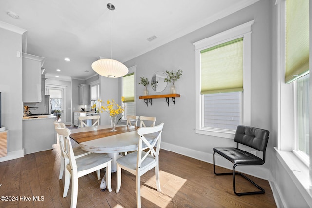 dining space with crown molding, sink, and dark hardwood / wood-style floors