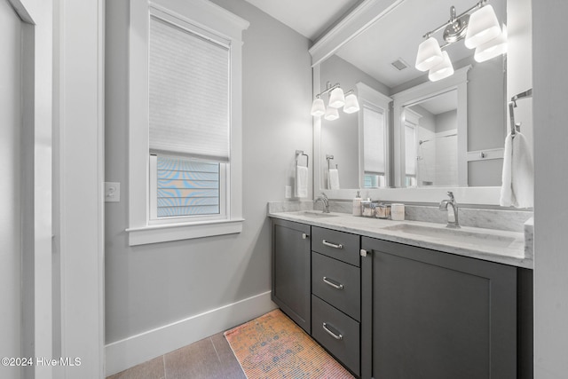 bathroom with hardwood / wood-style floors and vanity