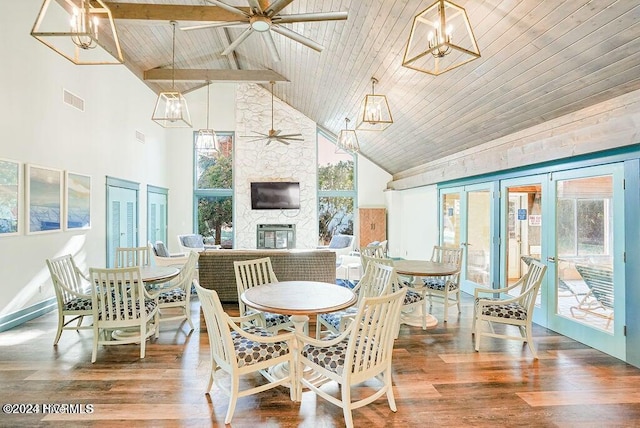 dining room with a stone fireplace, high vaulted ceiling, wood ceiling, and hardwood / wood-style flooring