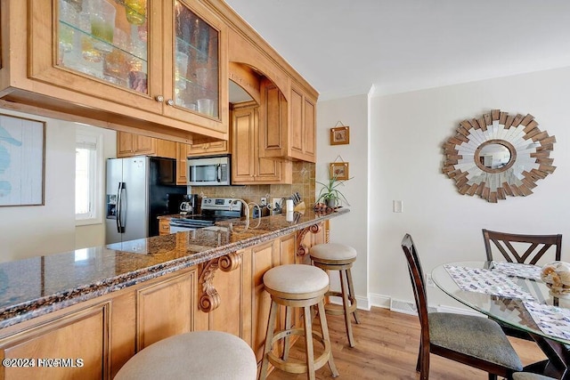 kitchen with decorative backsplash, dark stone counters, light wood-type flooring, and appliances with stainless steel finishes