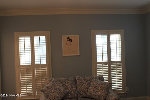 living room featuring a healthy amount of sunlight and crown molding