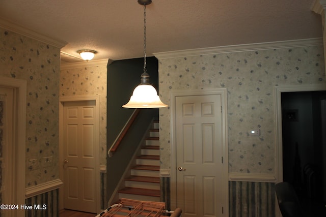 interior space featuring a textured ceiling and ornamental molding