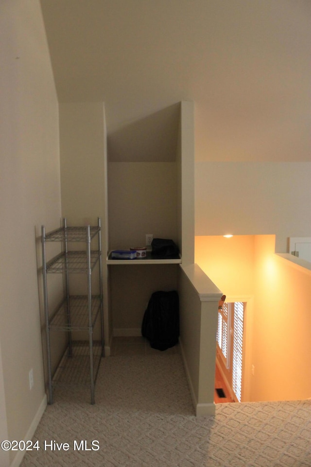 interior space with carpet floors and lofted ceiling