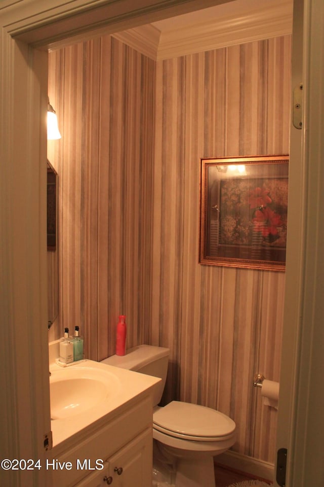 bathroom featuring vanity, toilet, and ornamental molding