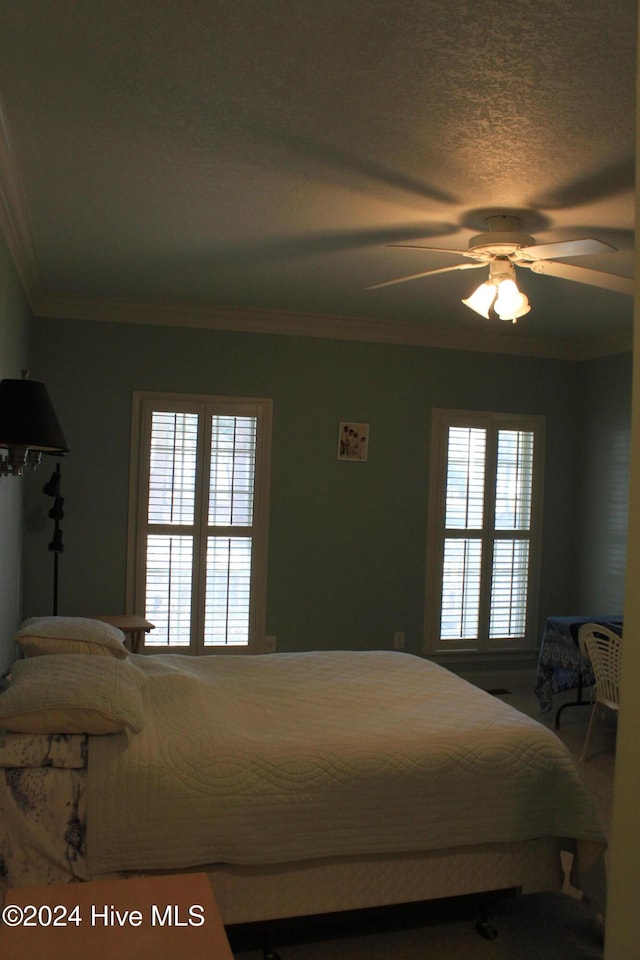 bedroom with multiple windows, ceiling fan, and ornamental molding