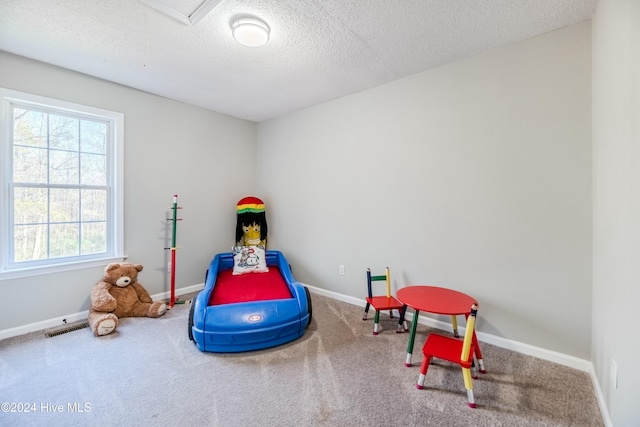 rec room featuring carpet floors and a textured ceiling