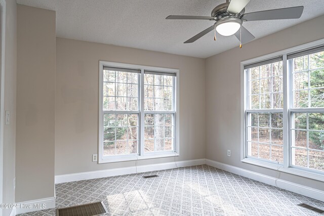 empty room with carpet, a textured ceiling, plenty of natural light, and ceiling fan