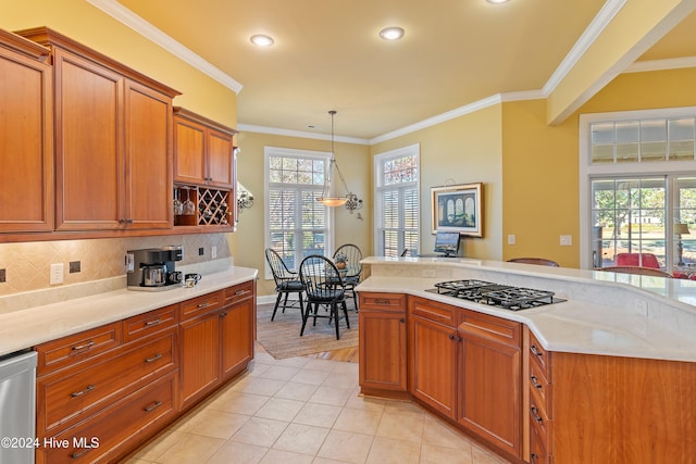 kitchen with crown molding, gas cooktop, decorative backsplash, and stainless steel dishwasher