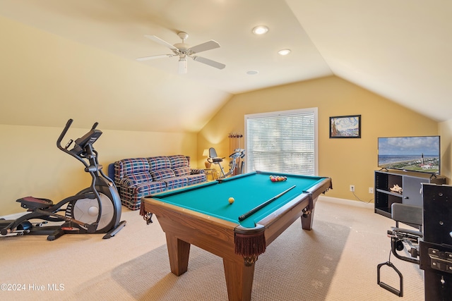 playroom with carpet floors, recessed lighting, pool table, vaulted ceiling, and baseboards