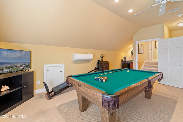 recreation room featuring vaulted ceiling, carpet floors, ceiling fan, and billiards