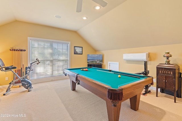 game room featuring billiards, lofted ceiling, a wall mounted AC, light colored carpet, and ceiling fan