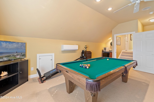 rec room with pool table, a wall mounted air conditioner, vaulted ceiling, carpet flooring, and ceiling fan