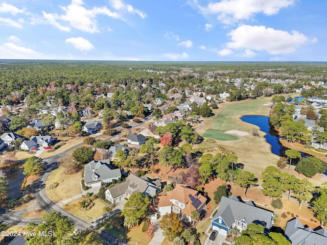 aerial view featuring a water view, a residential view, and golf course view