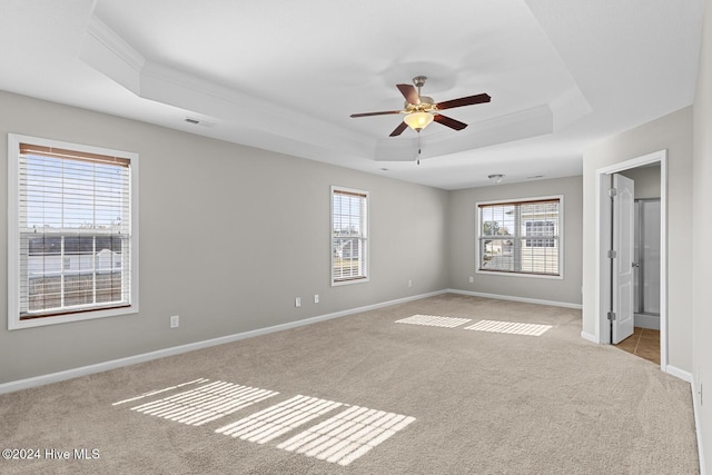 spare room featuring a tray ceiling, crown molding, ceiling fan, and light colored carpet