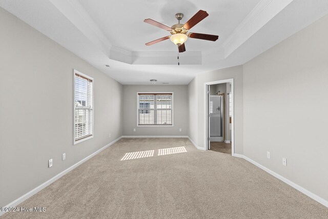 empty room with light colored carpet, a raised ceiling, ceiling fan, and ornamental molding