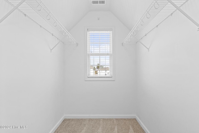 walk in closet with carpet flooring and lofted ceiling