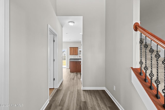 corridor with wood-type flooring