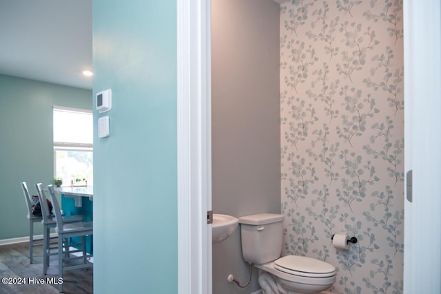 bathroom with toilet and hardwood / wood-style floors