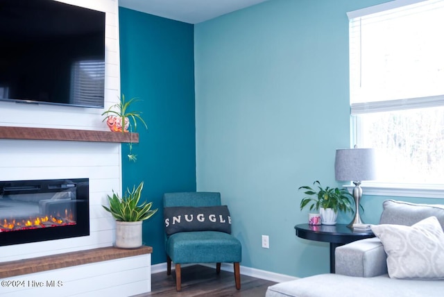 sitting room with hardwood / wood-style flooring and a fireplace