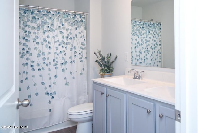 full bathroom featuring vanity, shower / tub combo with curtain, and toilet