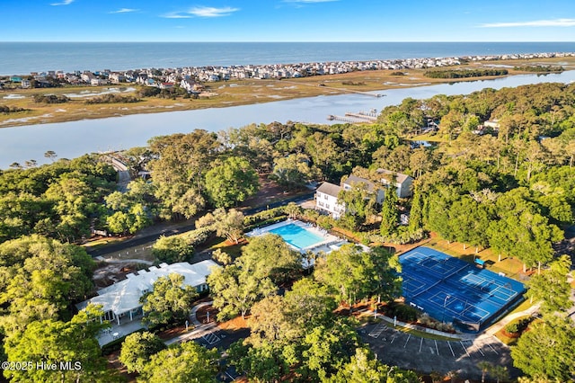 drone / aerial view with a water view
