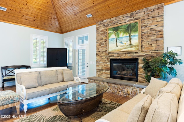 living room featuring high vaulted ceiling, hardwood / wood-style floors, wood ceiling, and a fireplace