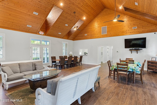 living room with ceiling fan, high vaulted ceiling, dark wood-type flooring, and wooden ceiling