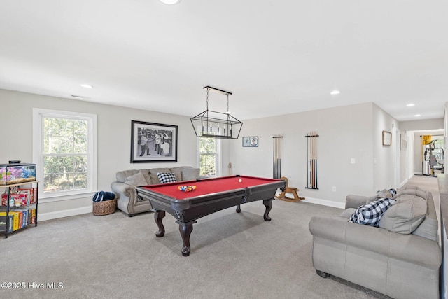 playroom with a healthy amount of sunlight, billiards, baseboards, and carpet