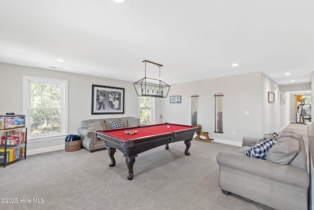 playroom with light colored carpet and pool table