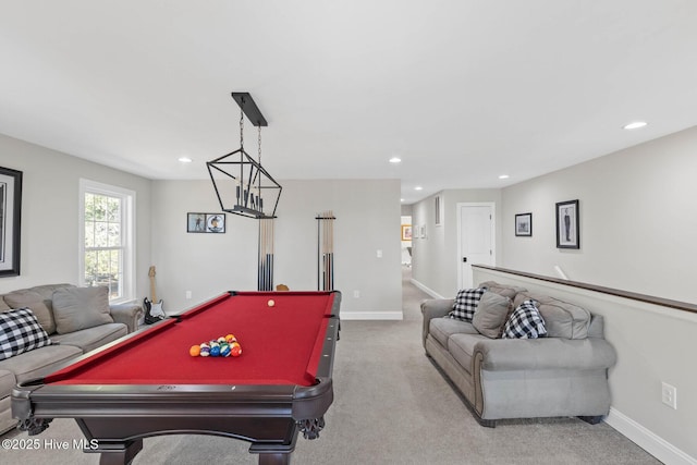 rec room with light colored carpet and billiards