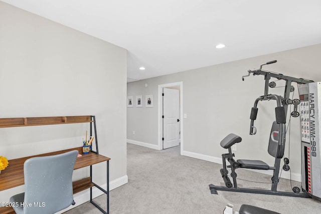 workout room with baseboards, carpet flooring, and recessed lighting
