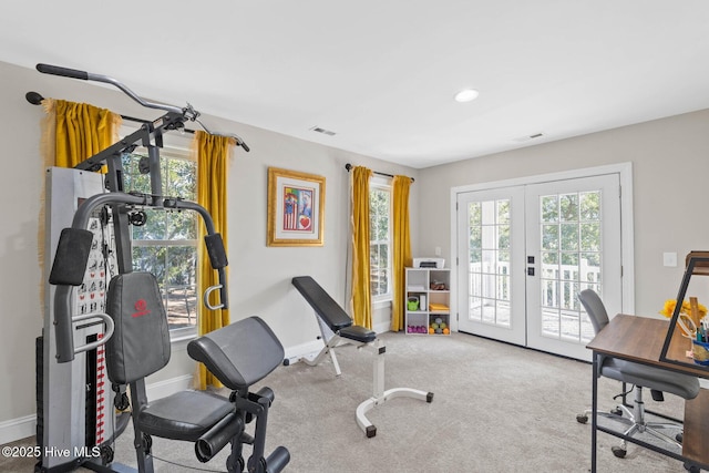 exercise area with carpet floors and french doors