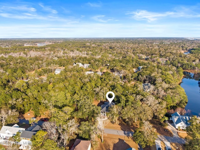 bird's eye view featuring a water view and a wooded view