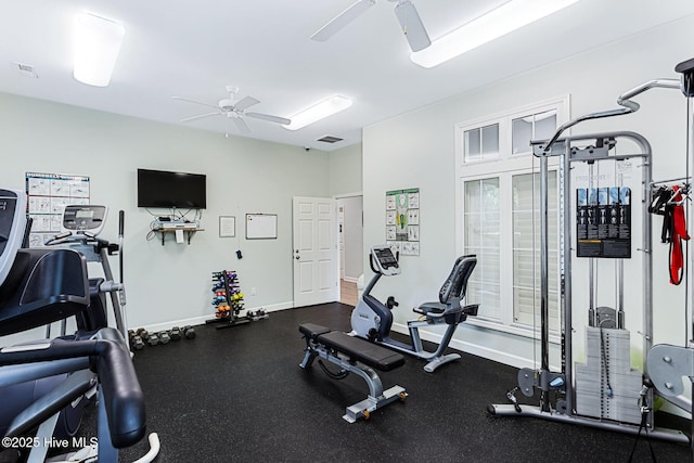 exercise room with visible vents, a ceiling fan, and baseboards