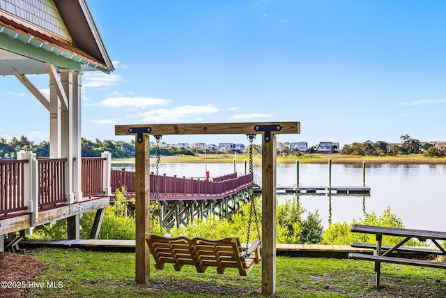 exterior space with a water view