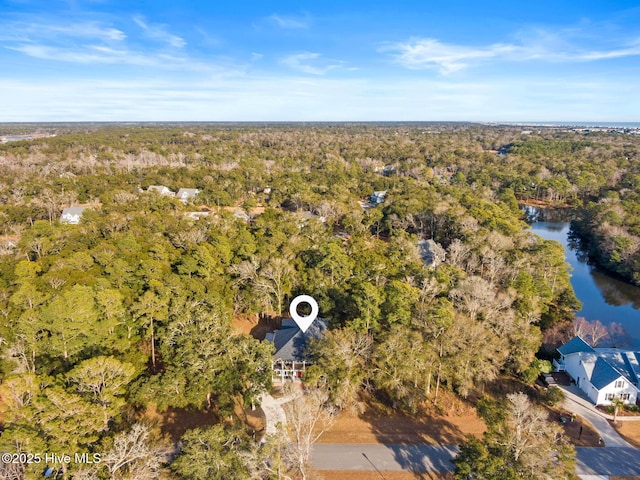 birds eye view of property with a view of trees and a water view