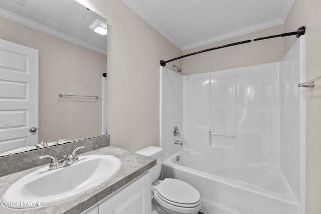 full bathroom featuring vanity, toilet, ornamental molding, and tub / shower combination