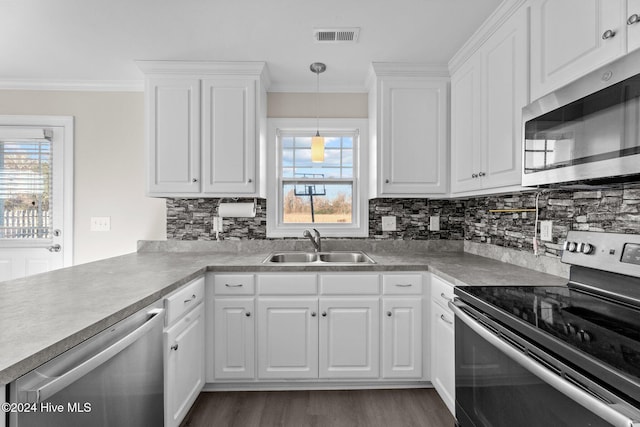 kitchen featuring decorative light fixtures, a healthy amount of sunlight, sink, and appliances with stainless steel finishes