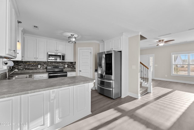 kitchen featuring sink, appliances with stainless steel finishes, tasteful backsplash, dark hardwood / wood-style flooring, and white cabinetry