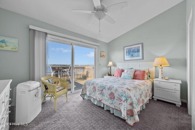 carpeted bedroom featuring access to outside, ceiling fan, and lofted ceiling