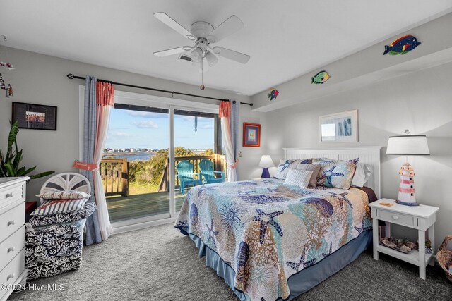 carpeted bedroom with access to exterior and ceiling fan