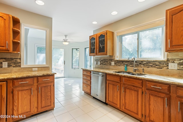 kitchen featuring decorative backsplash, stainless steel dishwasher, ceiling fan, and sink