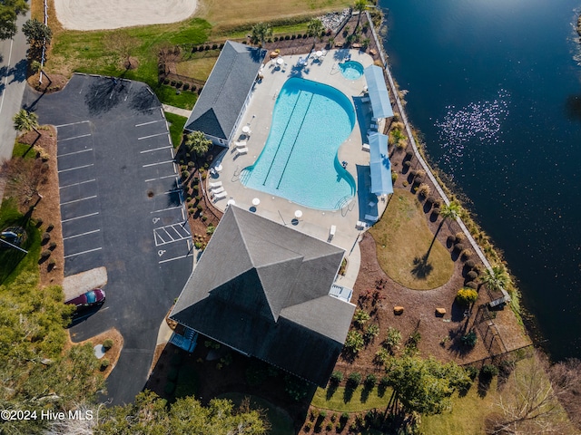 drone / aerial view featuring a water view