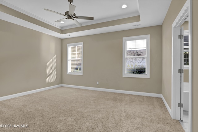 carpeted spare room with a wealth of natural light, a tray ceiling, and baseboards