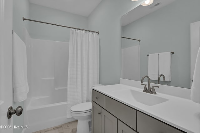 bathroom featuring vanity, toilet, shower / bathtub combination with curtain, and visible vents