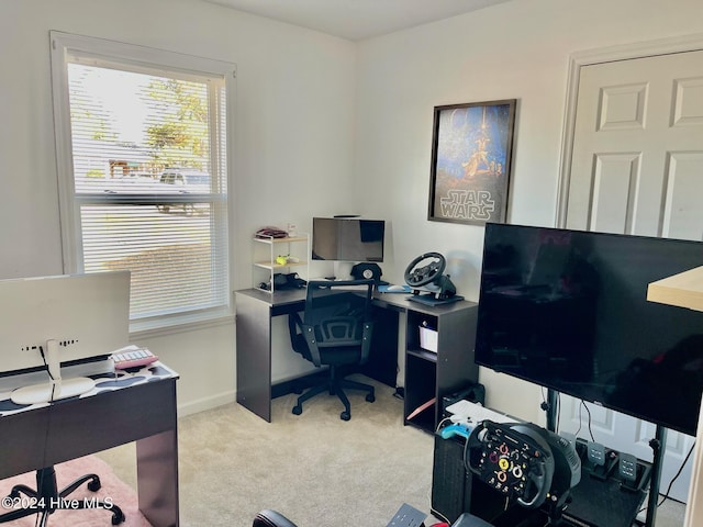 office area featuring light carpet