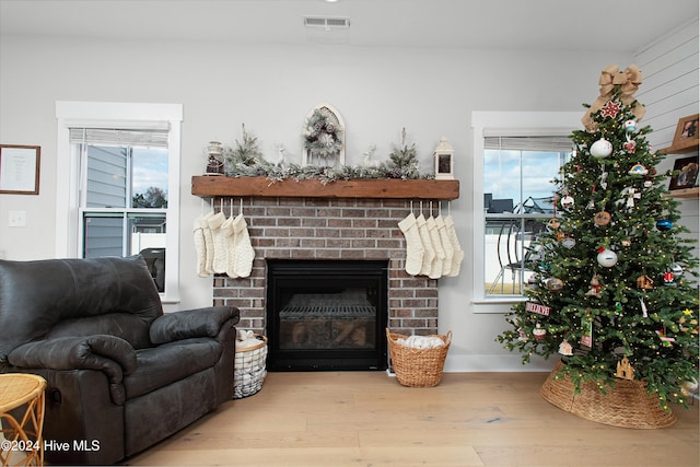 living room with a fireplace, light hardwood / wood-style flooring, and a wealth of natural light