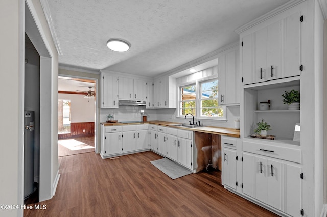 kitchen featuring white cabinetry, sink, a textured ceiling, and hardwood / wood-style flooring