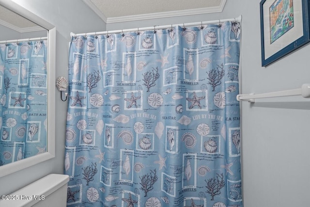 bathroom featuring crown molding, toilet, a textured ceiling, and a shower with shower curtain