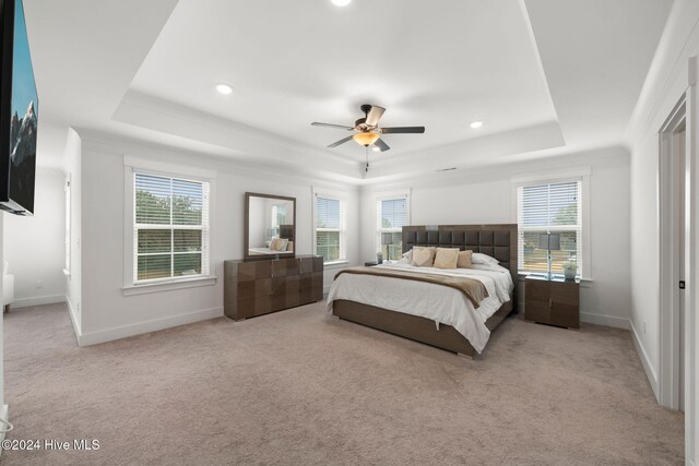 bedroom featuring ceiling fan, multiple windows, and a tray ceiling